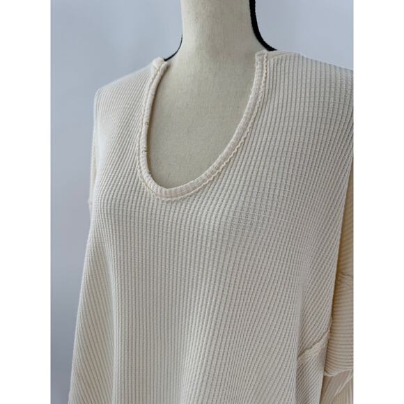 We the Free People Cream Ivory Thermal Top Oversized Waffle Knit Long Sleeve M - Picture 2 of 8